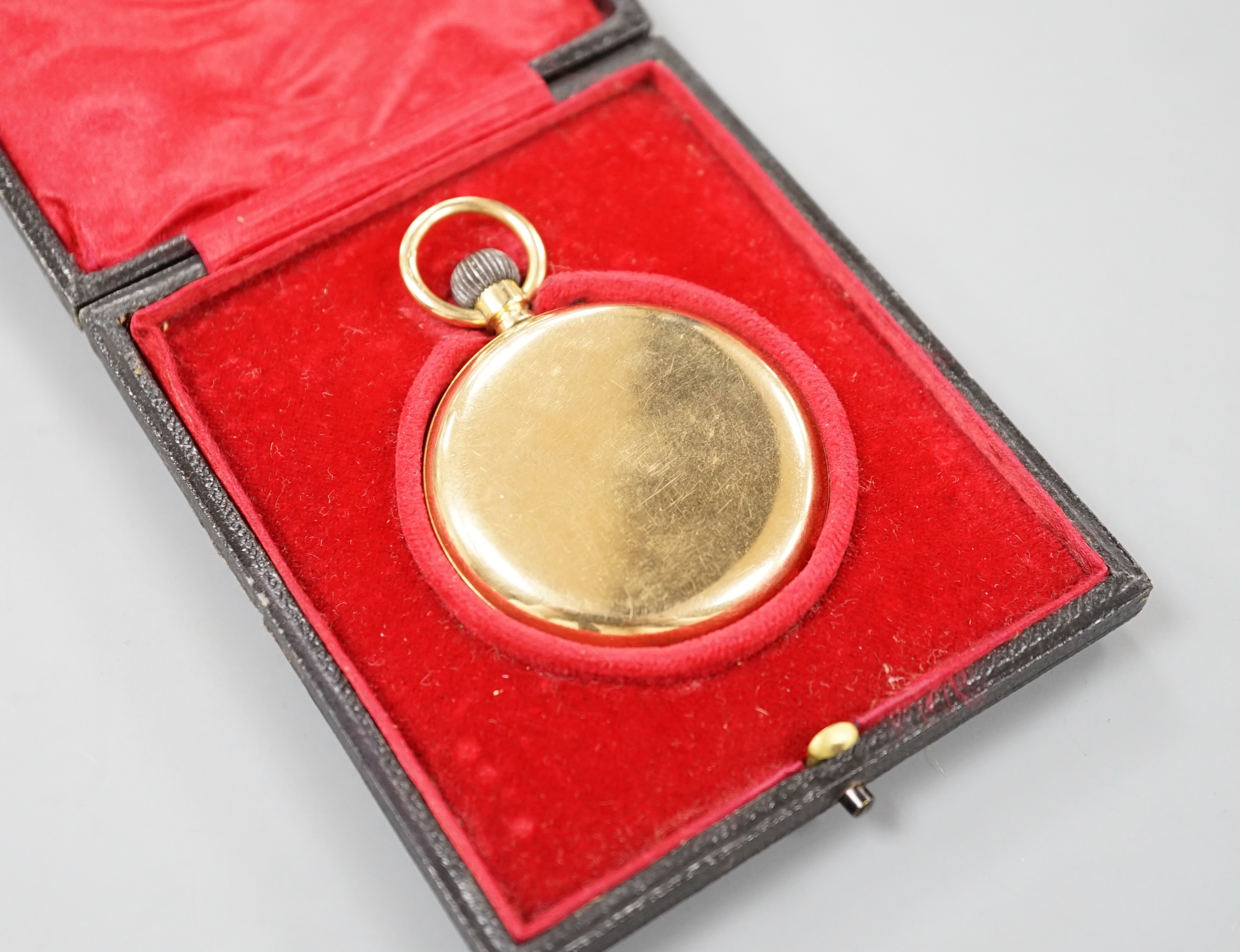 A Swiss 18k yellow metal keyless hunter pocket watch, with Roman dial and subsidiary seconds, case diameter 52mm, gross 121.8 grams, in fitted case.